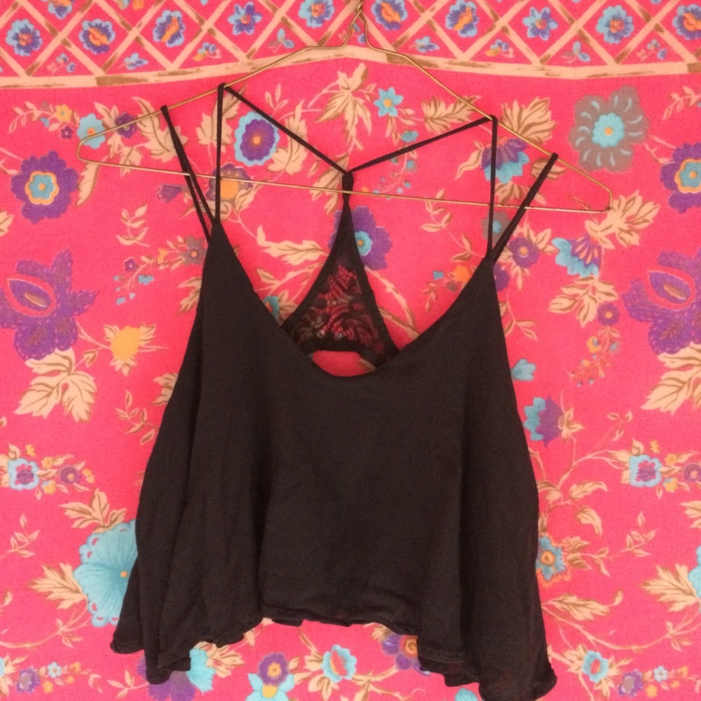 Black Gauzy Lace Cutout Double Strap Crop Top